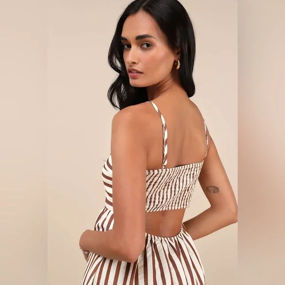 Lulus NWOT Exceptionally Pristine Brown/Cream Striped Cutout Midi Dress, Size XL - Picture 4 of 14